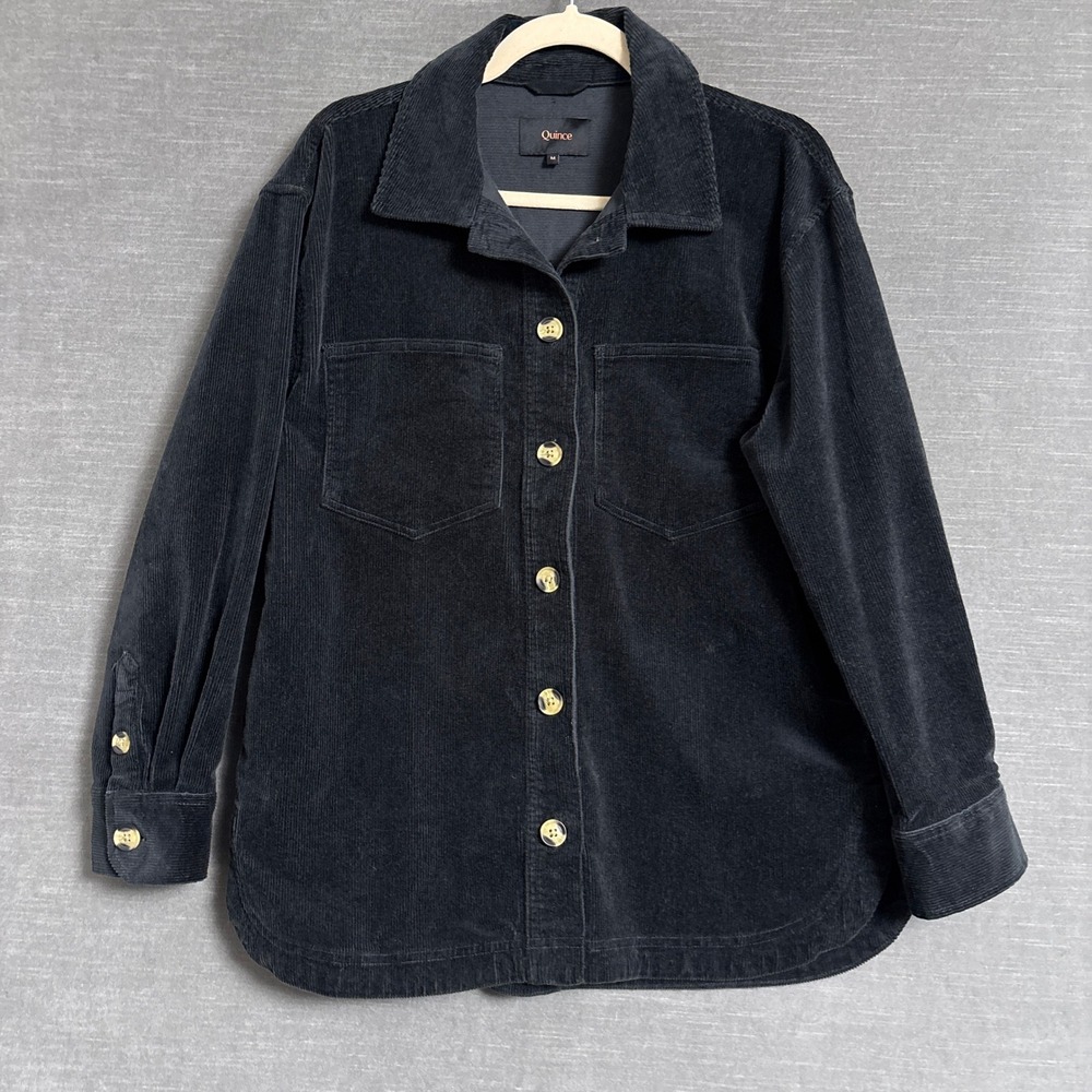 Quince Shacket M Black Corduroy Button Front Utility Jacket Shirt Fall Layer